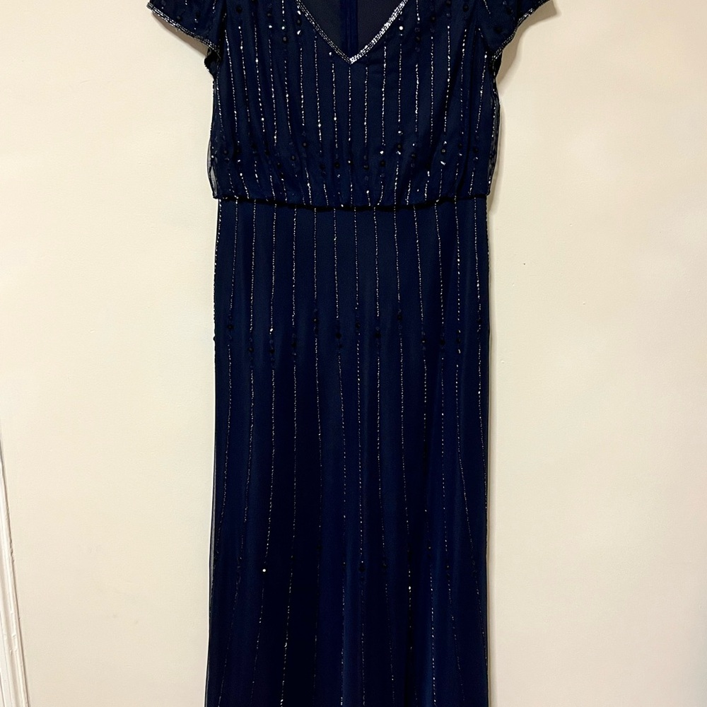 Adrianna Papell Midnight Blue Maxi Dress with Glitter Stripes